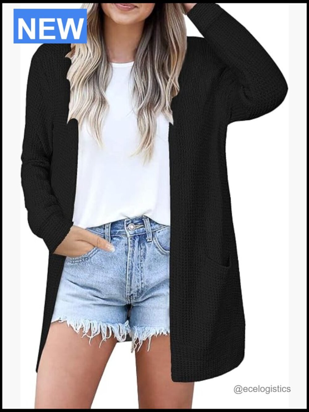 Waffle Knit Open Front Cardigan Loose Lightweight Long Sleeve Soft